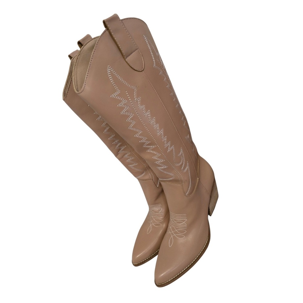 Mi.iM‎ Western Cowboy Boots Beige Heel Boho Coastal Cowgirl Festival Y2K Sz 7.5